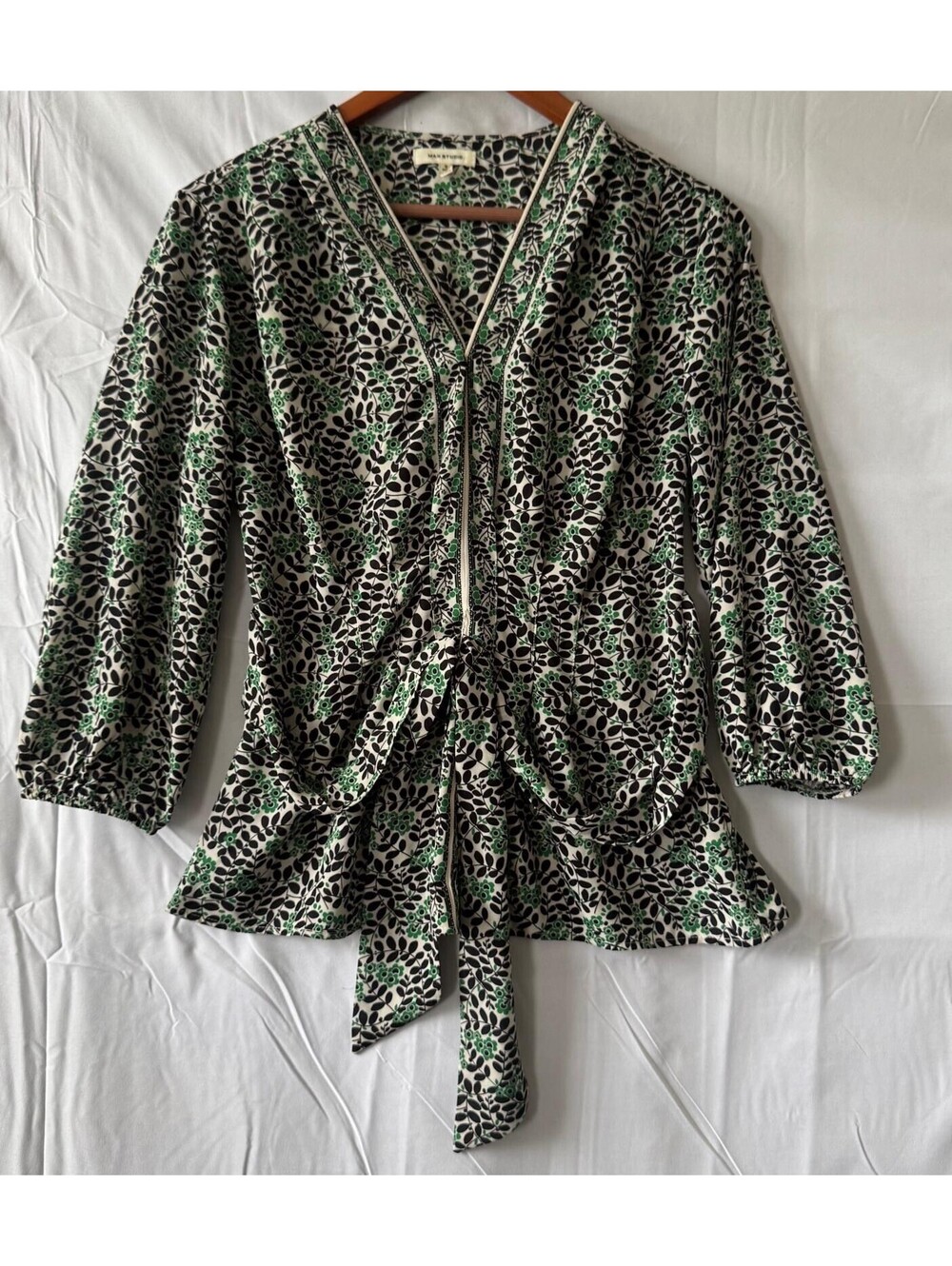 Max Studio Blouse Womens S Green Black Floral Wrap Tie Front Long Sleeve